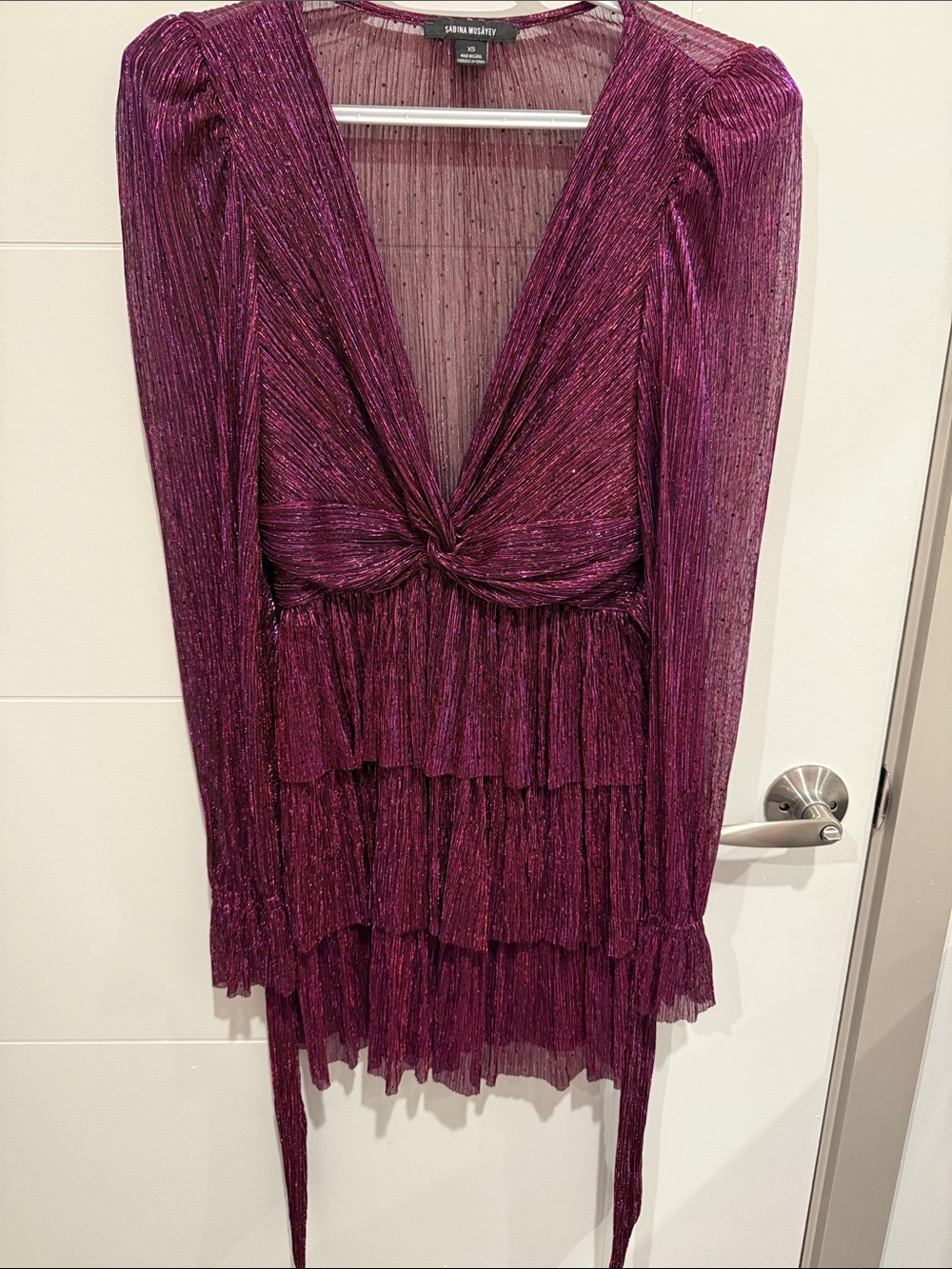 Sabina Musayev Metallic Plum Twist-Front Tiered Mini Dress